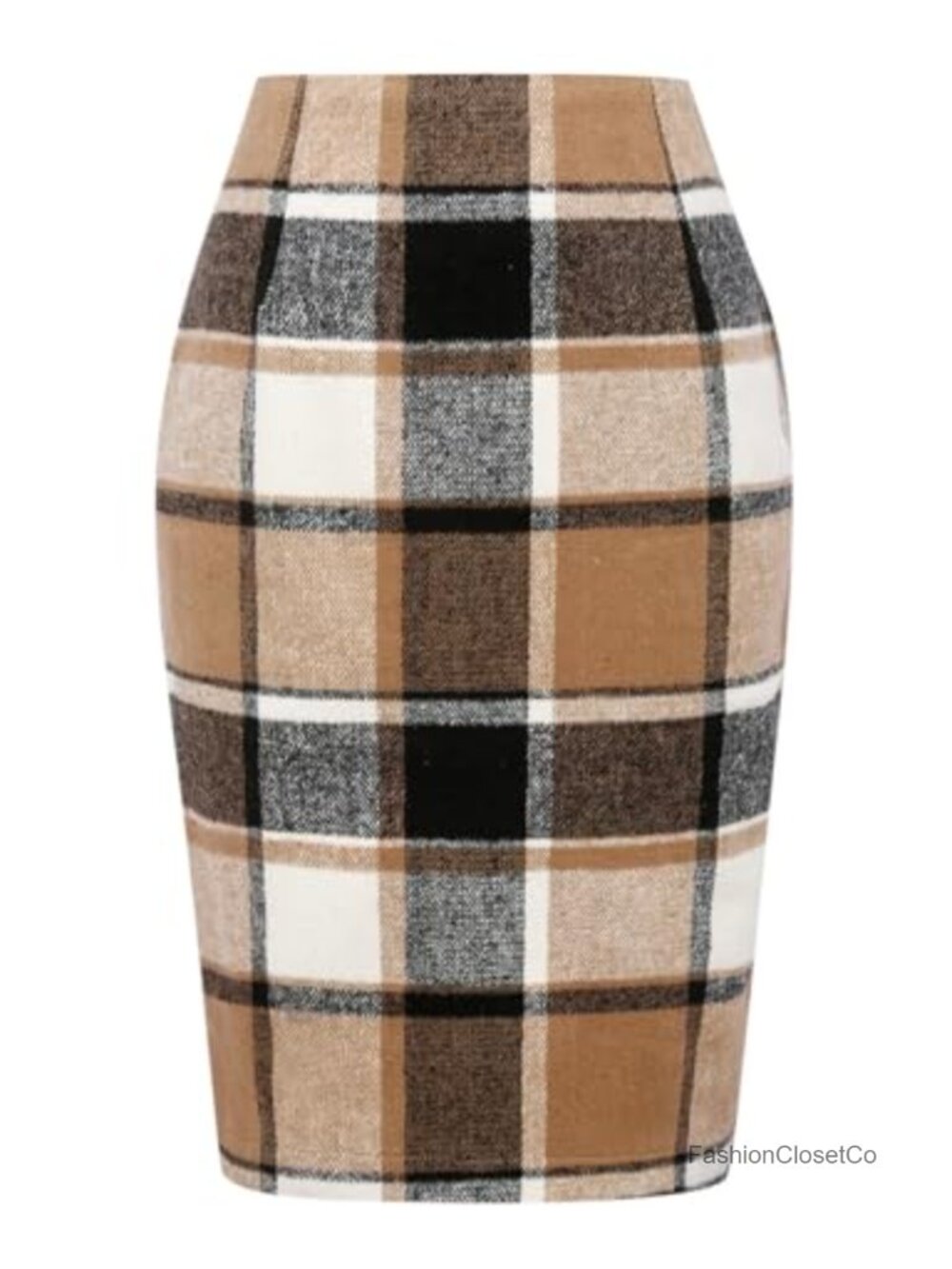 Wool Pencil Skirt for Women Knee Length High Waist Plaid Fall Winter